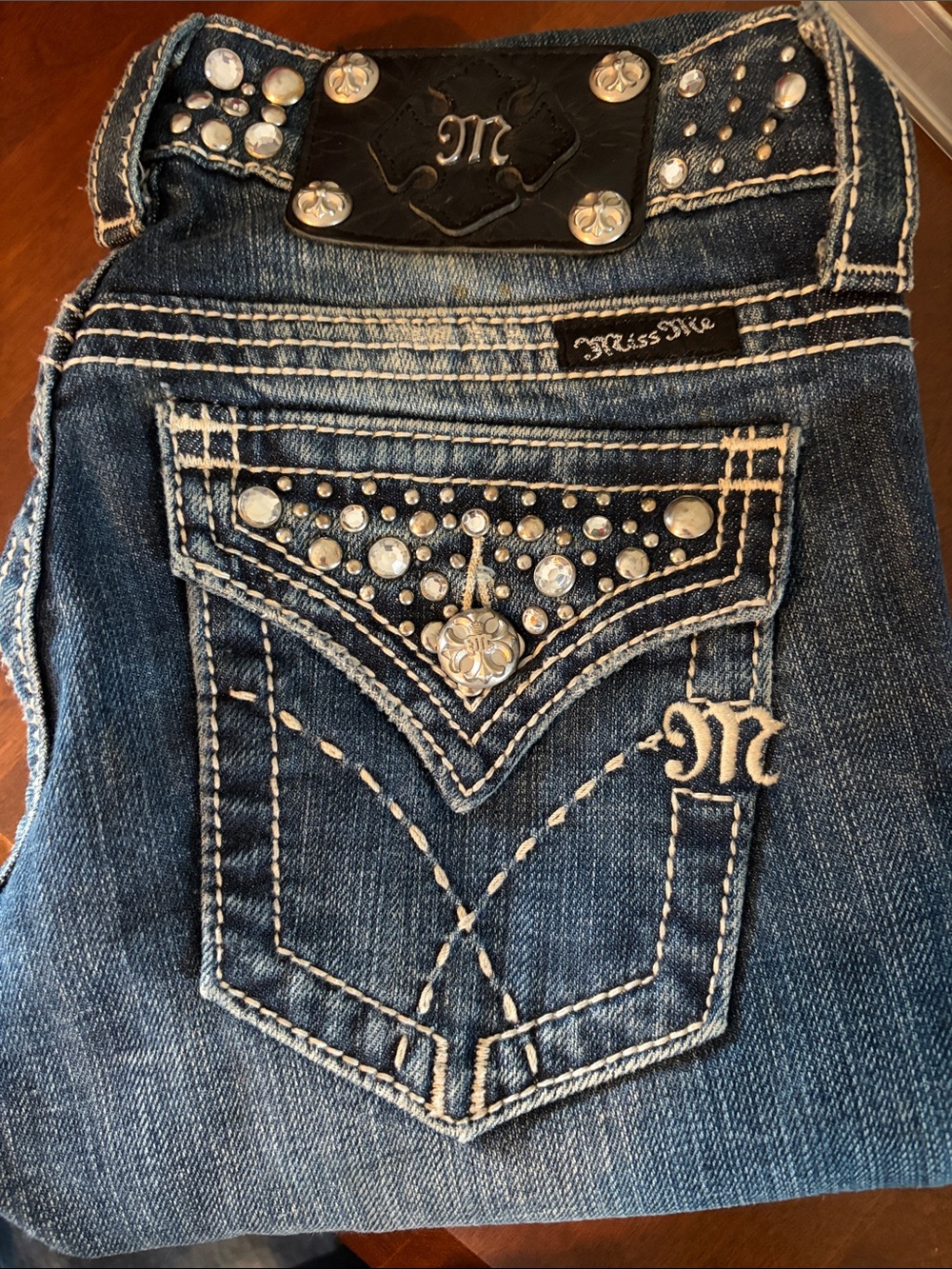 Miss Me Blue Embellished straight Jeans with Rhinestone Back Pocket and waist